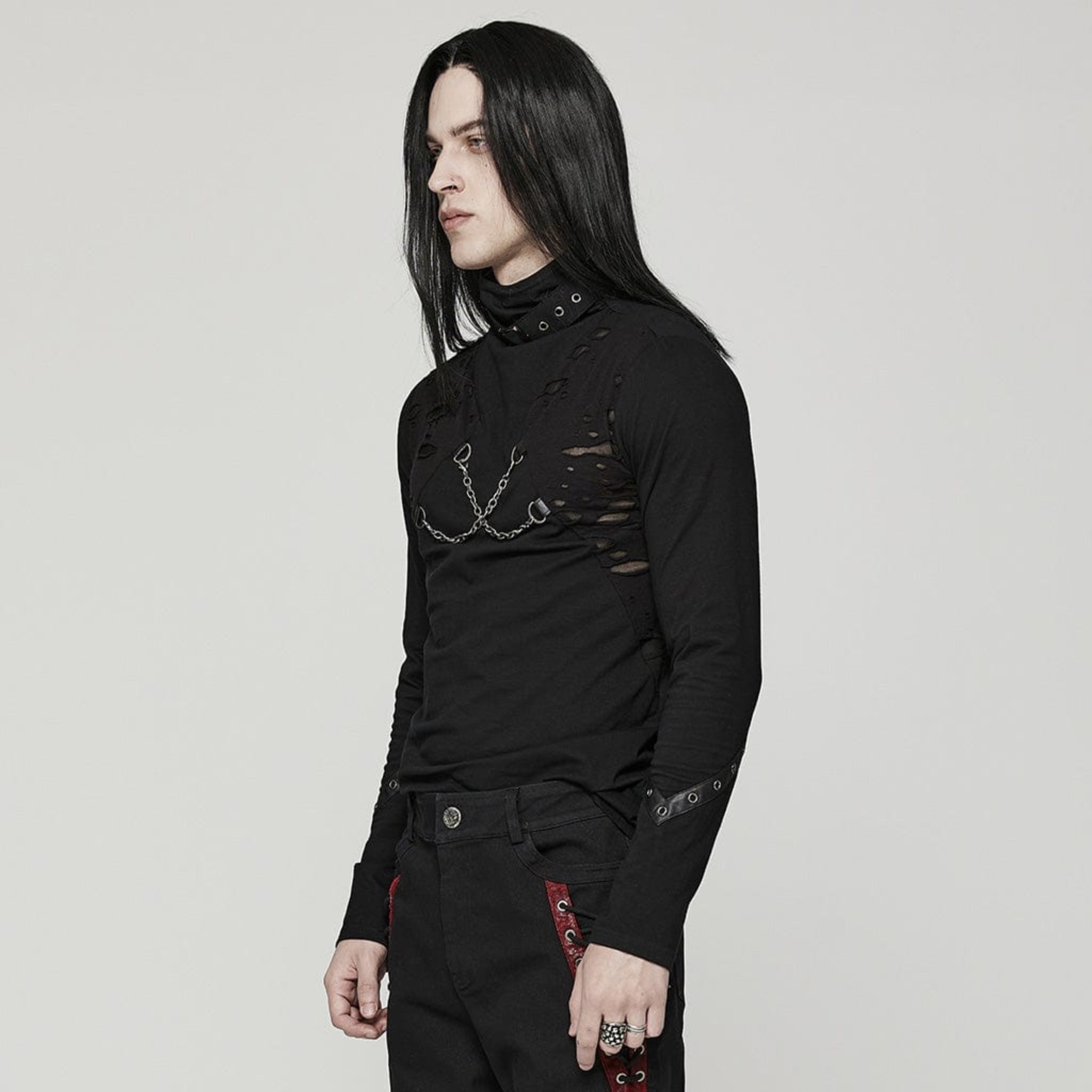 Punk high collar long sleeve men’s shirt, gothic alternative top with sharp structured neckline, fitted sleeves, sleek silhouette, versatile black punk fashion shirt for concerts, clubs, and streetwear style