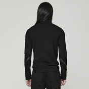 Punk high collar long sleeve men’s shirt, gothic alternative top with sharp structured neckline, fitted sleeves, sleek silhouette, versatile black punk fashion shirt for concerts, clubs, and streetwear style