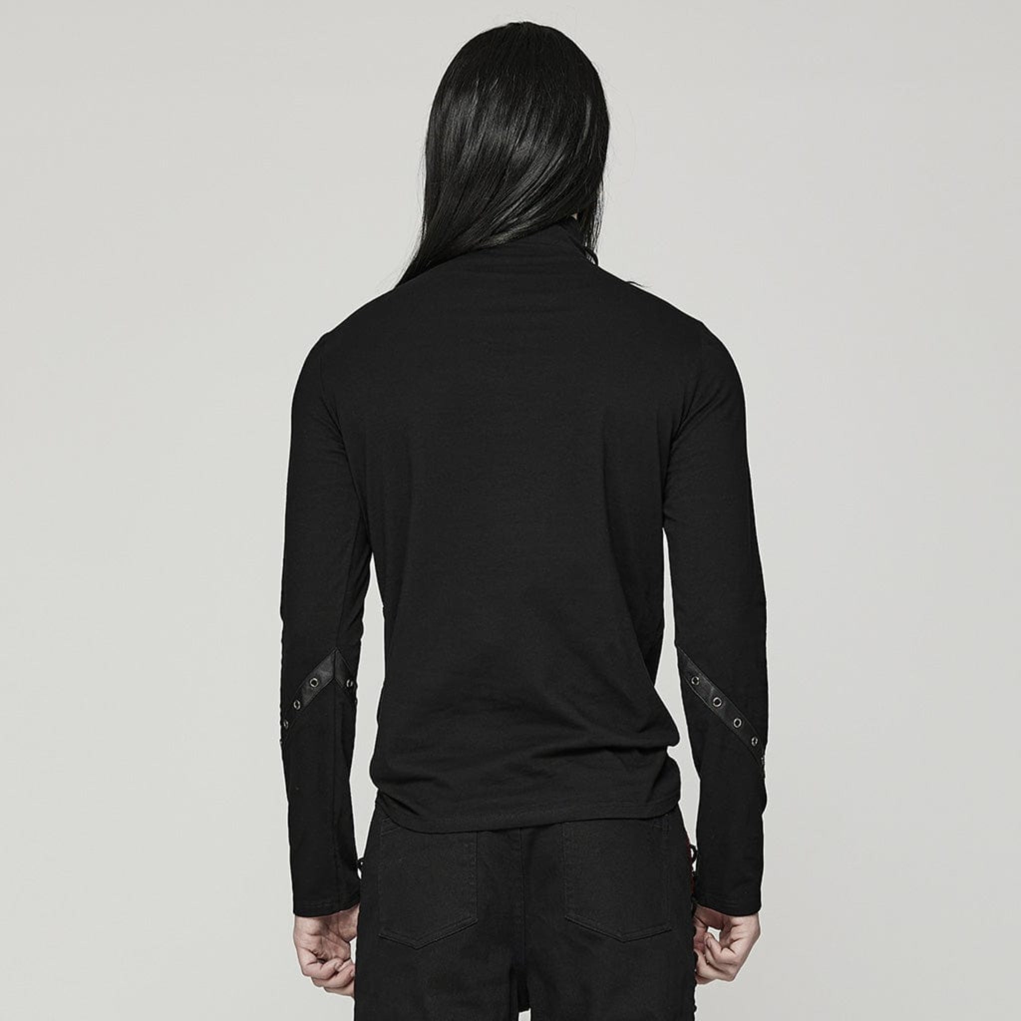 Punk high collar long sleeve men’s shirt, gothic alternative top with sharp structured neckline, fitted sleeves, sleek silhouette, versatile black punk fashion shirt for concerts, clubs, and streetwear style