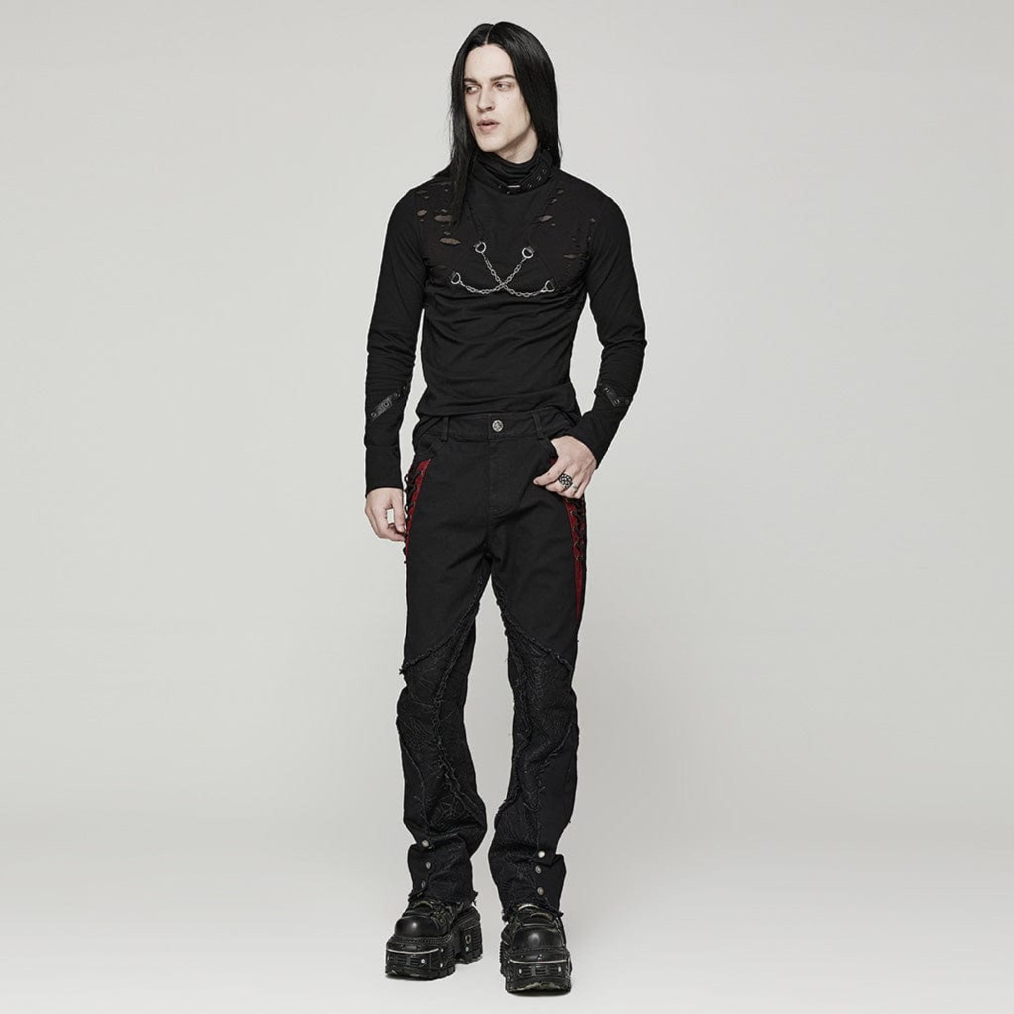 Punk high collar long sleeve men’s shirt, gothic alternative top with sharp structured neckline, fitted sleeves, sleek silhouette, versatile black punk fashion shirt for concerts, clubs, and streetwear style