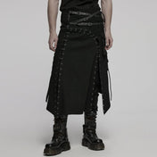 Men’s punk gothic kilt with buckle straps, lace-up details, mesh splice panels, irregular hem, metal eyelets, side pocket, and alternative fashion design made from cotton, polyester, spandex, and faux leather