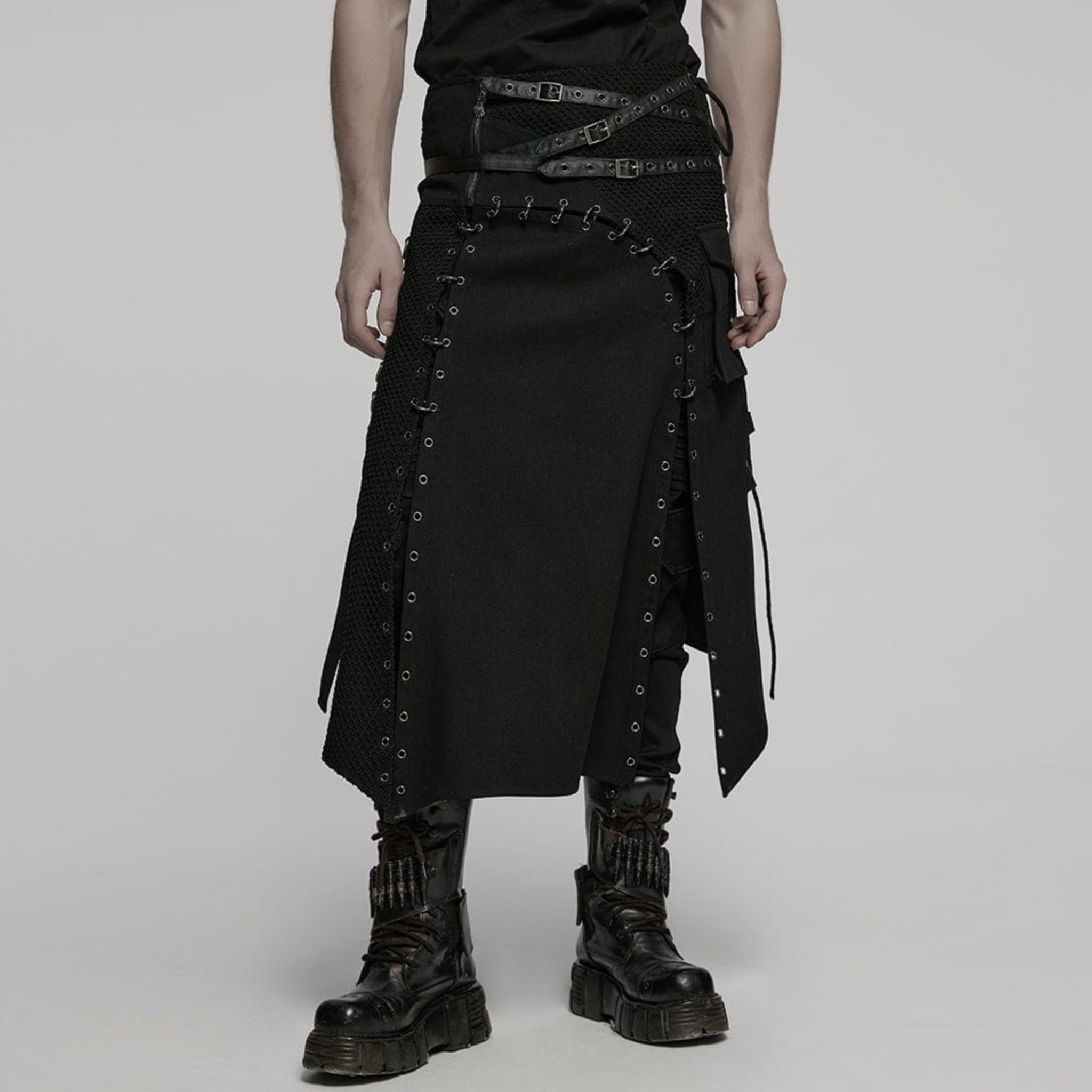 Men’s punk gothic kilt with buckle straps, lace-up details, mesh splice panels, irregular hem, metal eyelets, side pocket, and alternative fashion design made from cotton, polyester, spandex, and faux leather