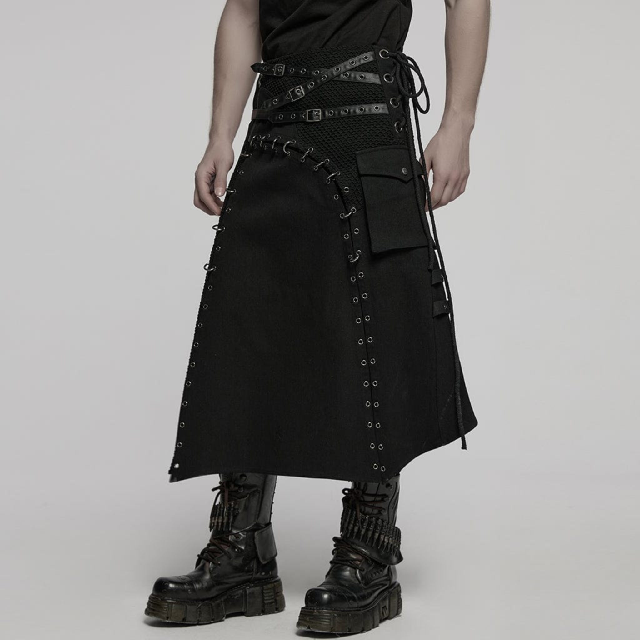 Men’s punk gothic kilt with buckle straps, lace-up details, mesh splice panels, irregular hem, metal eyelets, side pocket, and alternative fashion design made from cotton, polyester, spandex, and faux leather