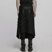 Men’s punk gothic kilt with buckle straps, lace-up details, mesh splice panels, irregular hem, metal eyelets, side pocket, and alternative fashion design made from cotton, polyester, spandex, and faux leather