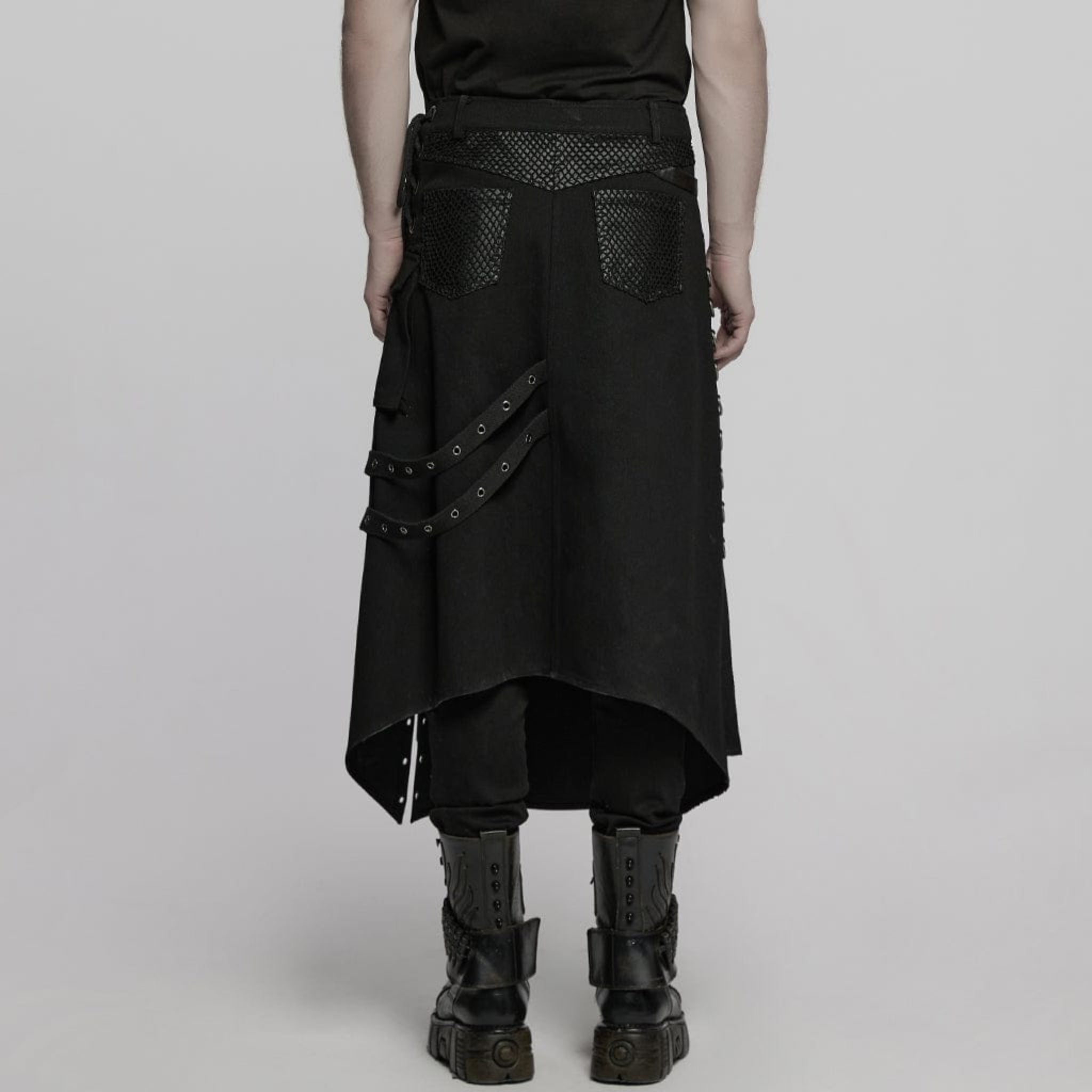 Men’s punk gothic kilt with buckle straps, lace-up details, mesh splice panels, irregular hem, metal eyelets, side pocket, and alternative fashion design made from cotton, polyester, spandex, and faux leather