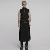 Men’s punk gothic kilt with buckle straps, lace-up details, mesh splice panels, irregular hem, metal eyelets, side pocket, and alternative fashion design made from cotton, polyester, spandex, and faux leather