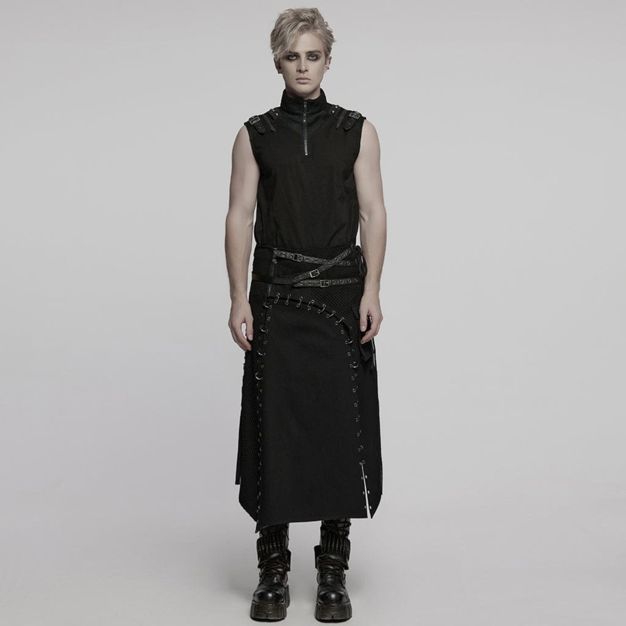 Men’s punk gothic kilt with buckle straps, lace-up details, mesh splice panels, irregular hem, metal eyelets, side pocket, and alternative fashion design made from cotton, polyester, spandex, and faux leather