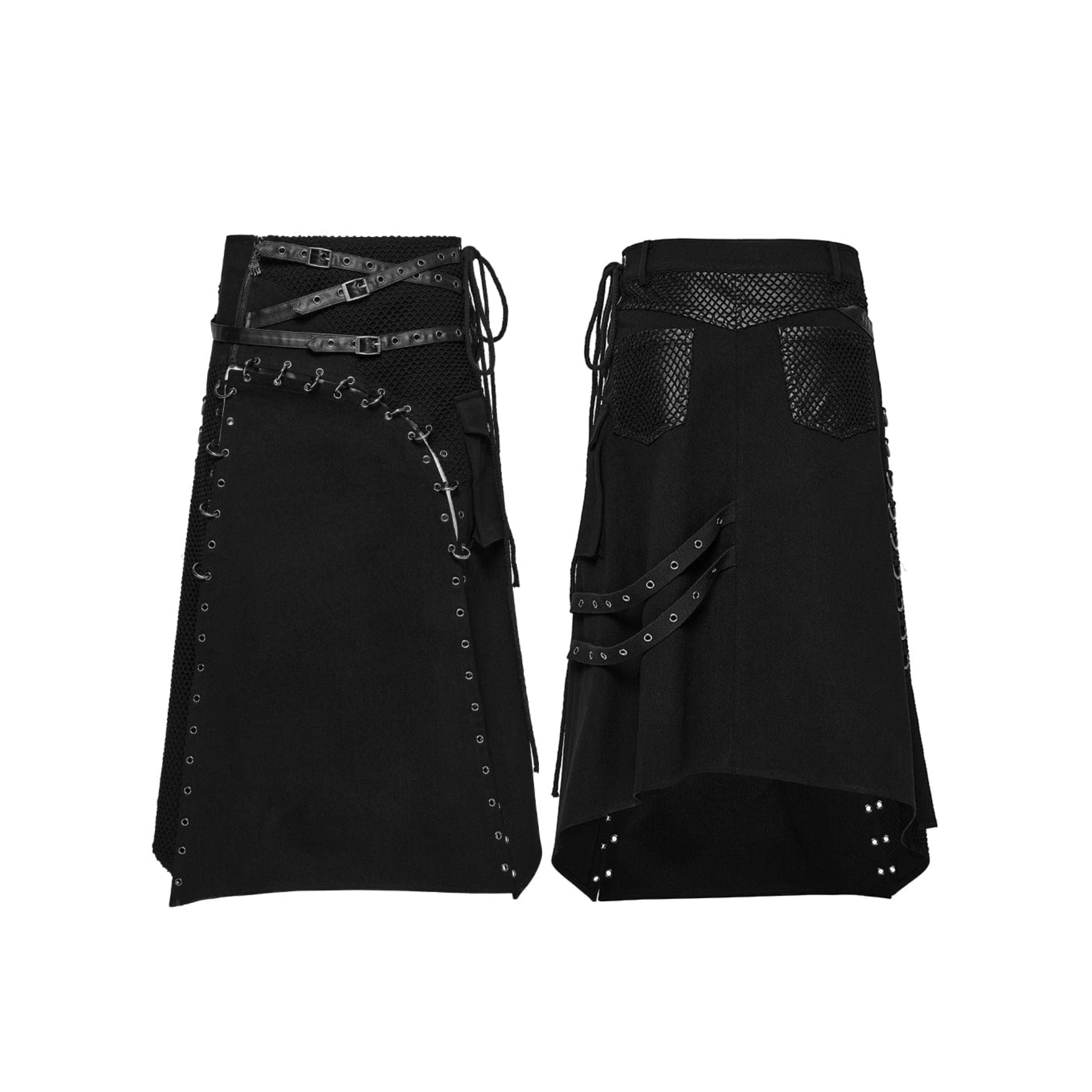 Men’s punk gothic kilt with buckle straps, lace-up details, mesh splice panels, irregular hem, metal eyelets, side pocket, and alternative fashion design made from cotton, polyester, spandex, and faux leather