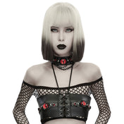 Leather faux-leather PU polyester synthetic super-fiber accessories apparel tops bralette halter-neck halter-top harness chest-harness devil-eye demon-eye adjustable cinching zipper back-zip full-zip shiny glossy matte aggressive sculpted contouring edgy durable sleek versatile dramatic fashion alt-fashion alternative dark punk goth gothic cyber festival renfaire fantasy industrial roleplay role-play demon devil succubus costume cosplay halloween afterdark-collection female femme feminine womens red-black