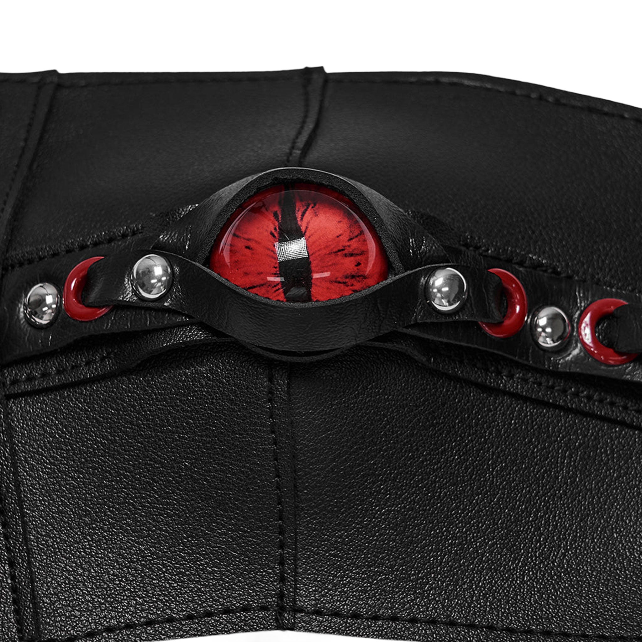 Leather faux-leather PU polyester synthetic super-fiber accessories apparel tops bralette halter-neck halter-top harness chest-harness devil-eye demon-eye adjustable cinching zipper back-zip full-zip shiny glossy matte aggressive sculpted contouring edgy durable sleek versatile dramatic fashion alt-fashion alternative dark punk goth gothic cyber festival renfaire fantasy industrial roleplay role-play demon devil succubus costume cosplay halloween afterdark-collection female femme feminine womens red-black
