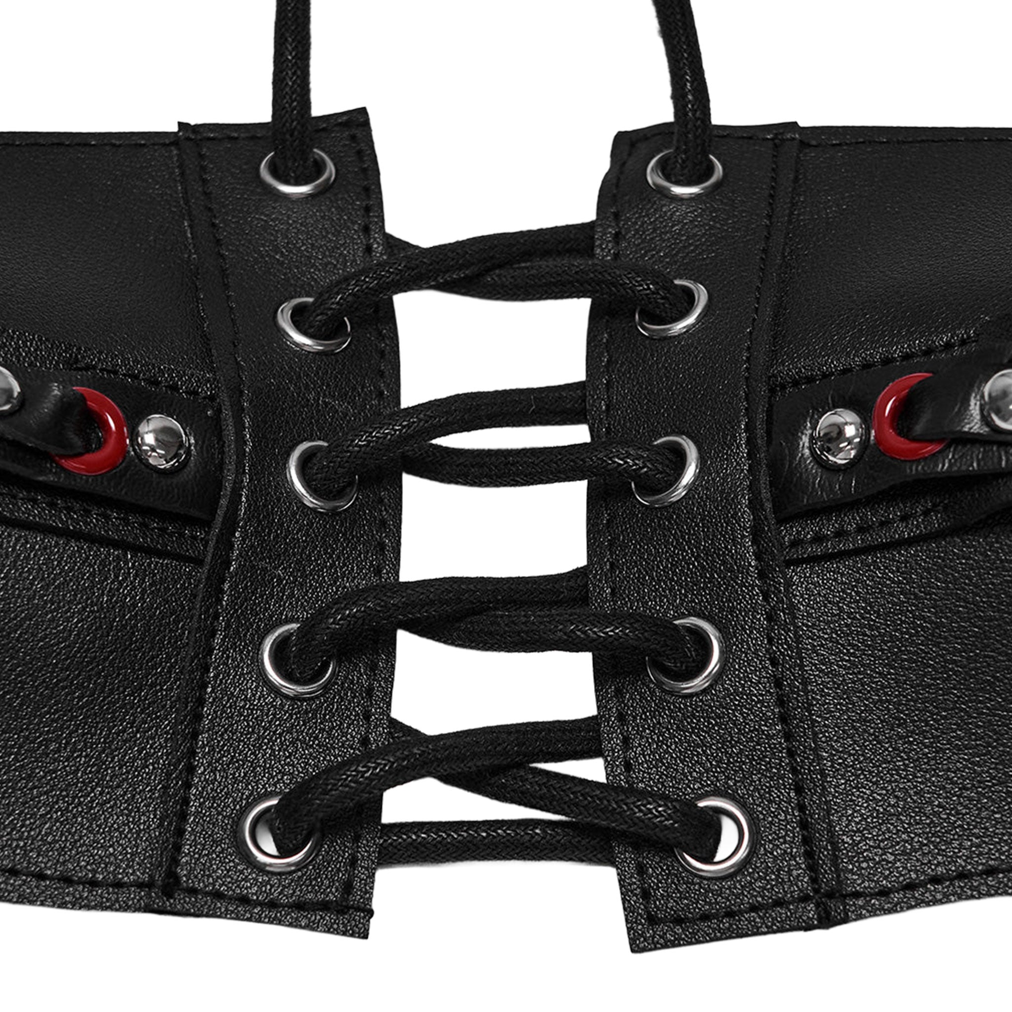 Leather faux-leather PU polyester synthetic super-fiber accessories apparel tops bralette halter-neck halter-top harness chest-harness devil-eye demon-eye adjustable cinching zipper back-zip full-zip shiny glossy matte aggressive sculpted contouring edgy durable sleek versatile dramatic fashion alt-fashion alternative dark punk goth gothic cyber festival renfaire fantasy industrial roleplay role-play demon devil succubus costume cosplay halloween afterdark-collection female femme feminine womens red-black
