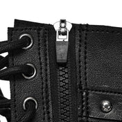 Leather faux-leather PU polyester synthetic super-fiber accessories apparel tops bralette halter-neck halter-top harness chest-harness devil-eye demon-eye adjustable cinching zipper back-zip full-zip shiny glossy matte aggressive sculpted contouring edgy durable sleek versatile dramatic fashion alt-fashion alternative dark punk goth gothic cyber festival renfaire fantasy industrial roleplay role-play demon devil succubus costume cosplay halloween afterdark-collection female femme feminine womens red-black