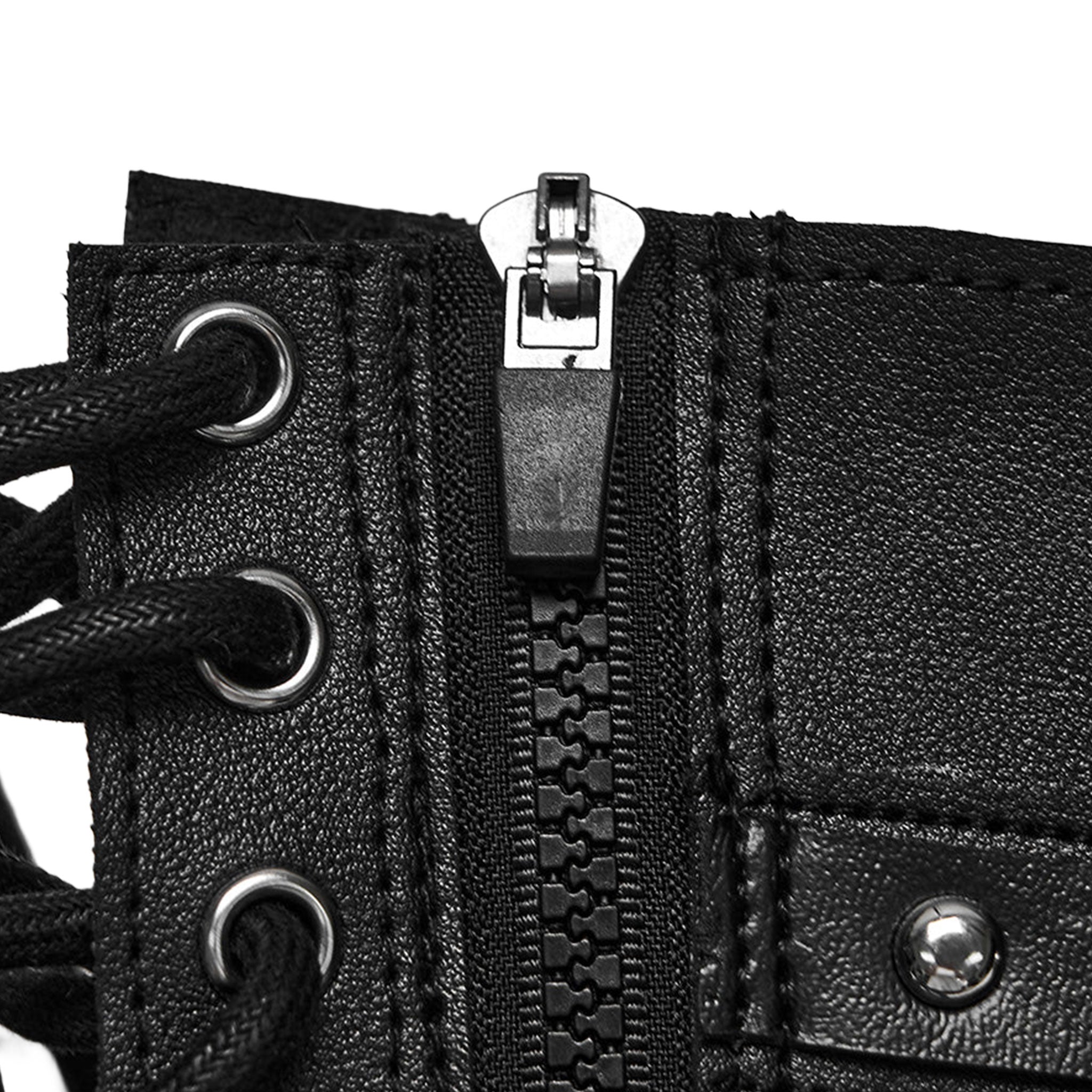 Leather faux-leather PU polyester synthetic super-fiber accessories apparel tops bralette halter-neck halter-top harness chest-harness devil-eye demon-eye adjustable cinching zipper back-zip full-zip shiny glossy matte aggressive sculpted contouring edgy durable sleek versatile dramatic fashion alt-fashion alternative dark punk goth gothic cyber festival renfaire fantasy industrial roleplay role-play demon devil succubus costume cosplay halloween afterdark-collection female femme feminine womens red-black