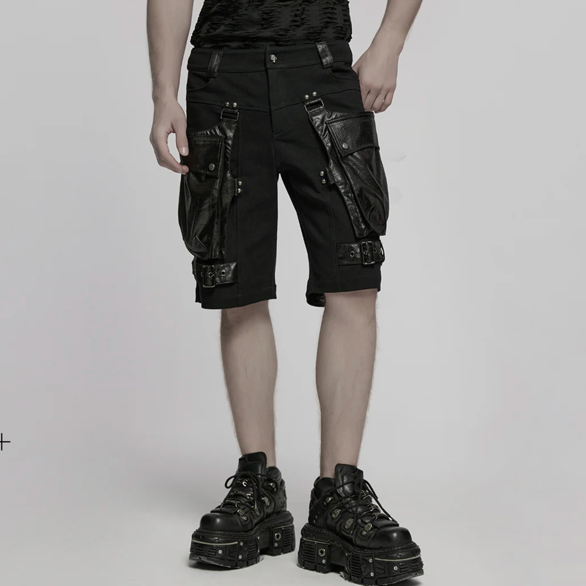 punk pants black leather accents multiple pockets adjustable waist straps slim fit cotton elastane durable gothic streetwear alternative fashion edgy pants urban punk clothing