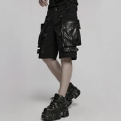 punk pants black leather accents multiple pockets adjustable waist straps slim fit cotton elastane durable gothic streetwear alternative fashion edgy pants urban punk clothing