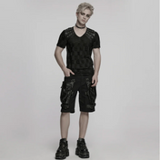 punk pants black leather accents multiple pockets adjustable waist straps slim fit cotton elastane durable gothic streetwear alternative fashion edgy pants urban punk clothing