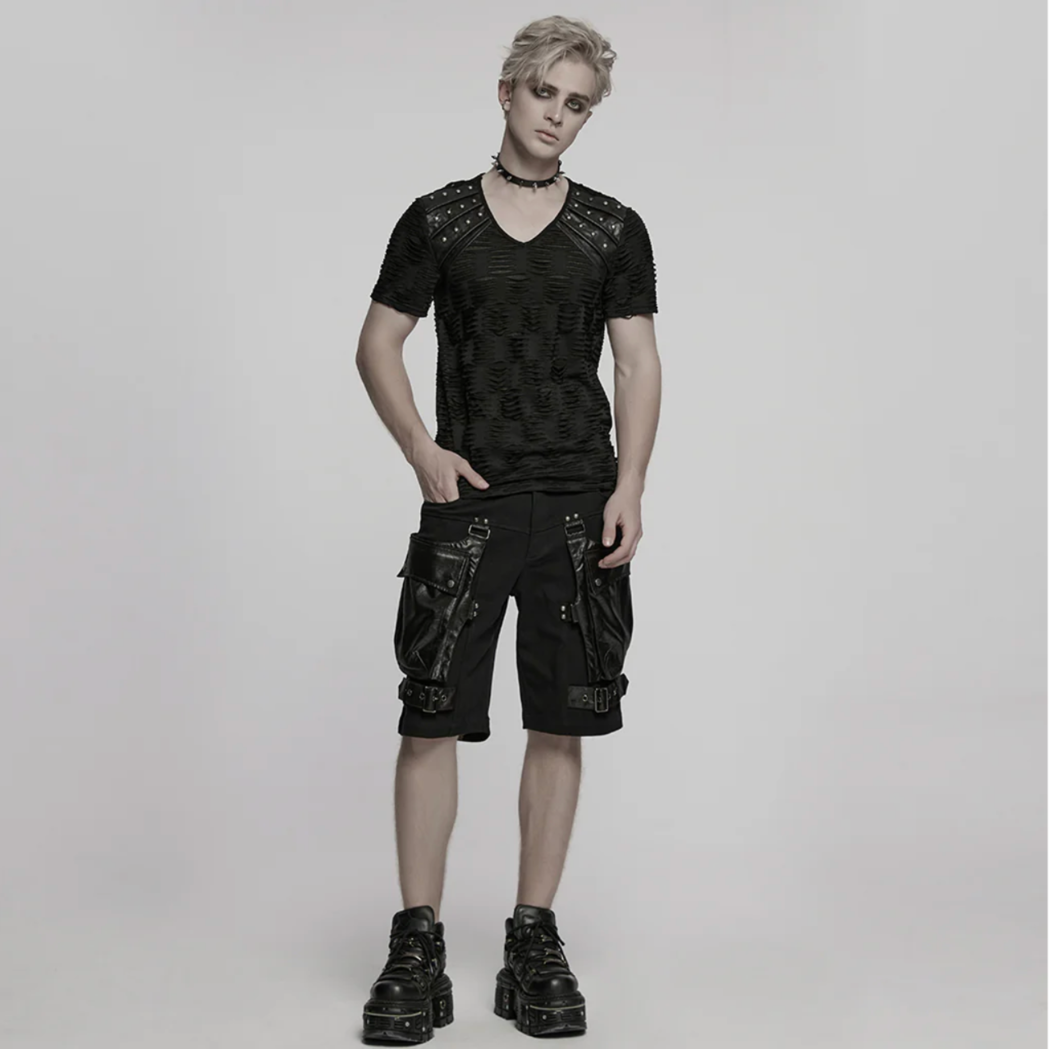 punk pants black leather accents multiple pockets adjustable waist straps slim fit cotton elastane durable gothic streetwear alternative fashion edgy pants urban punk clothing