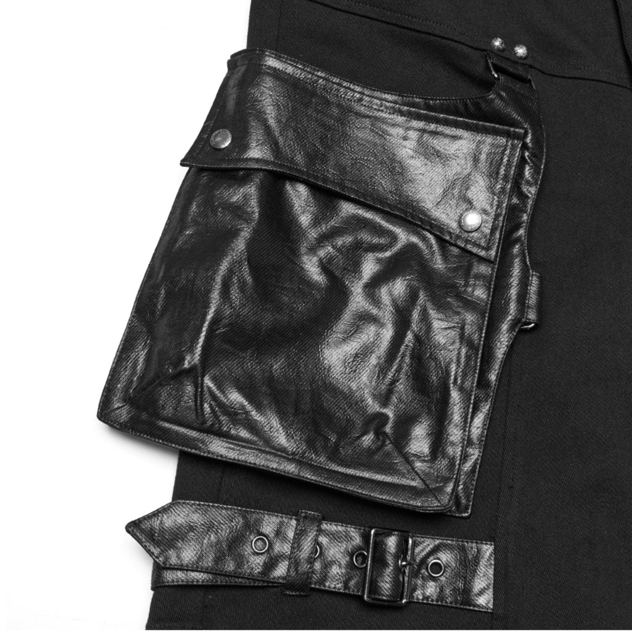 punk pants black leather accents multiple pockets adjustable waist straps slim fit cotton elastane durable gothic streetwear alternative fashion edgy pants urban punk clothing