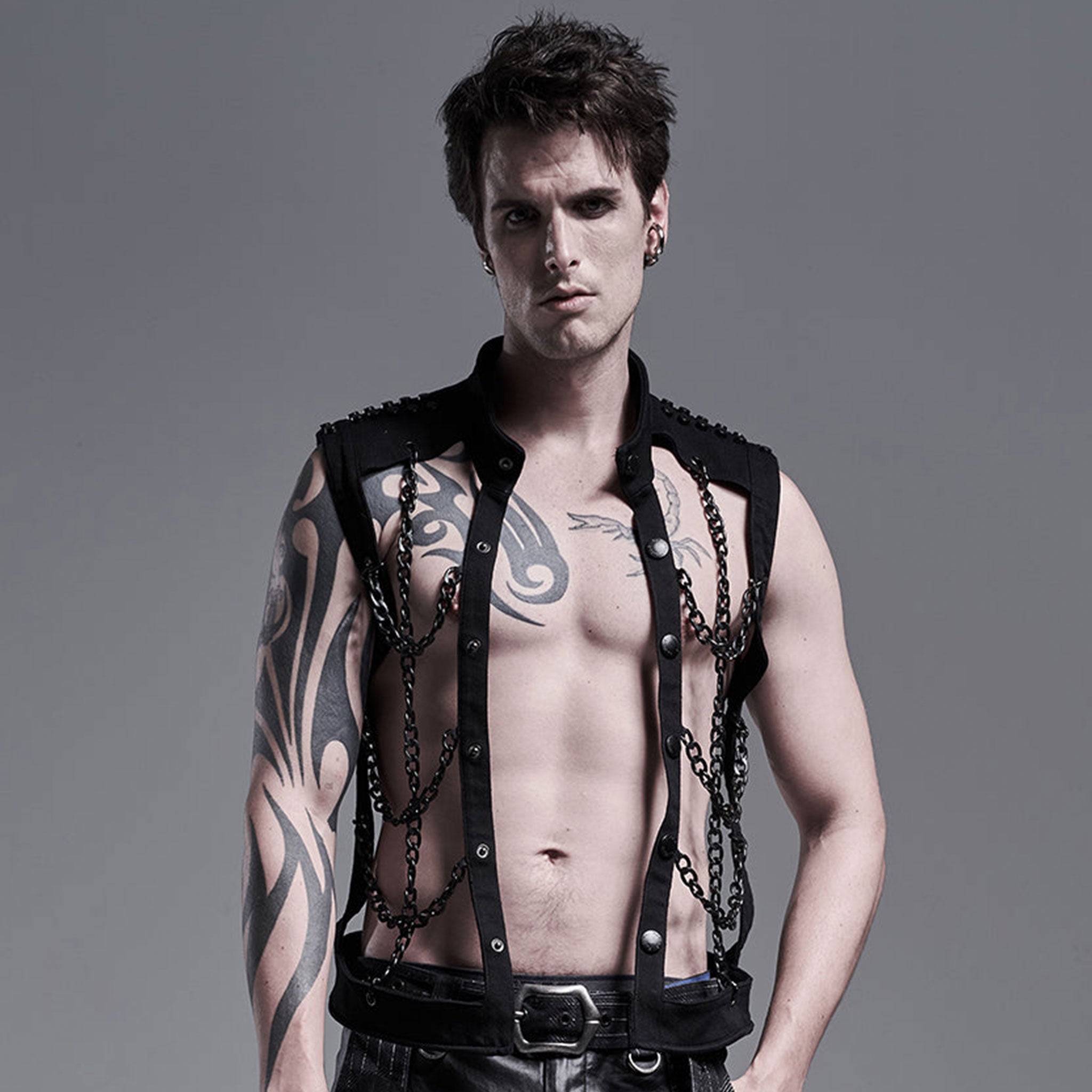 Cotton cotton-twill aluminum-chain apparel tops outerwear vest sleeveless high-collar mandarin-collar studded-shoulders hollowed-out hollow-vest wide-grid hanging-chains button-up button-down front-closure press-stud snap-button stretchy elastic soft rustproof rust-proof matte-glossy fetish fashion alt-fashion punk goth gothic cyberpunk steampunk industrial kink kinky kinkwear costume cosplay halloween halloween-costumes afterdark male masculine masc mens guys dudes black