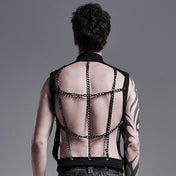 Cotton cotton-twill aluminum-chain apparel tops outerwear vest sleeveless high-collar mandarin-collar studded-shoulders hollowed-out hollow-vest wide-grid hanging-chains button-up button-down front-closure press-stud snap-button stretchy elastic soft rustproof rust-proof matte-glossy fetish fashion alt-fashion punk goth gothic cyberpunk steampunk industrial kink kinky kinkwear costume cosplay halloween halloween-costumes afterdark male masculine masc mens guys dudes black