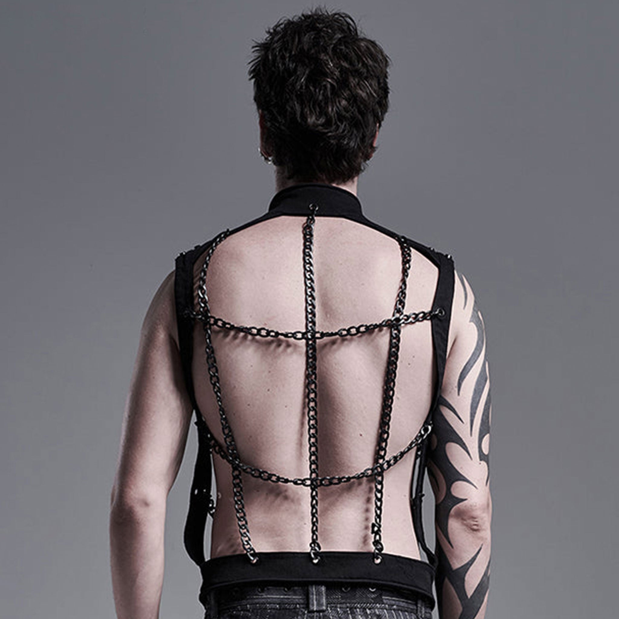 Cotton cotton-twill aluminum-chain apparel tops outerwear vest sleeveless high-collar mandarin-collar studded-shoulders hollowed-out hollow-vest wide-grid hanging-chains button-up button-down front-closure press-stud snap-button stretchy elastic soft rustproof rust-proof matte-glossy fetish fashion alt-fashion punk goth gothic cyberpunk steampunk industrial kink kinky kinkwear costume cosplay halloween halloween-costumes afterdark male masculine masc mens guys dudes black