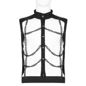 Cotton cotton-twill aluminum-chain apparel tops outerwear vest sleeveless high-collar mandarin-collar studded-shoulders hollowed-out hollow-vest wide-grid hanging-chains button-up button-down front-closure press-stud snap-button stretchy elastic soft rustproof rust-proof matte-glossy fetish fashion alt-fashion punk goth gothic cyberpunk steampunk industrial kink kinky kinkwear costume cosplay halloween halloween-costumes afterdark male masculine masc mens guys dudes black