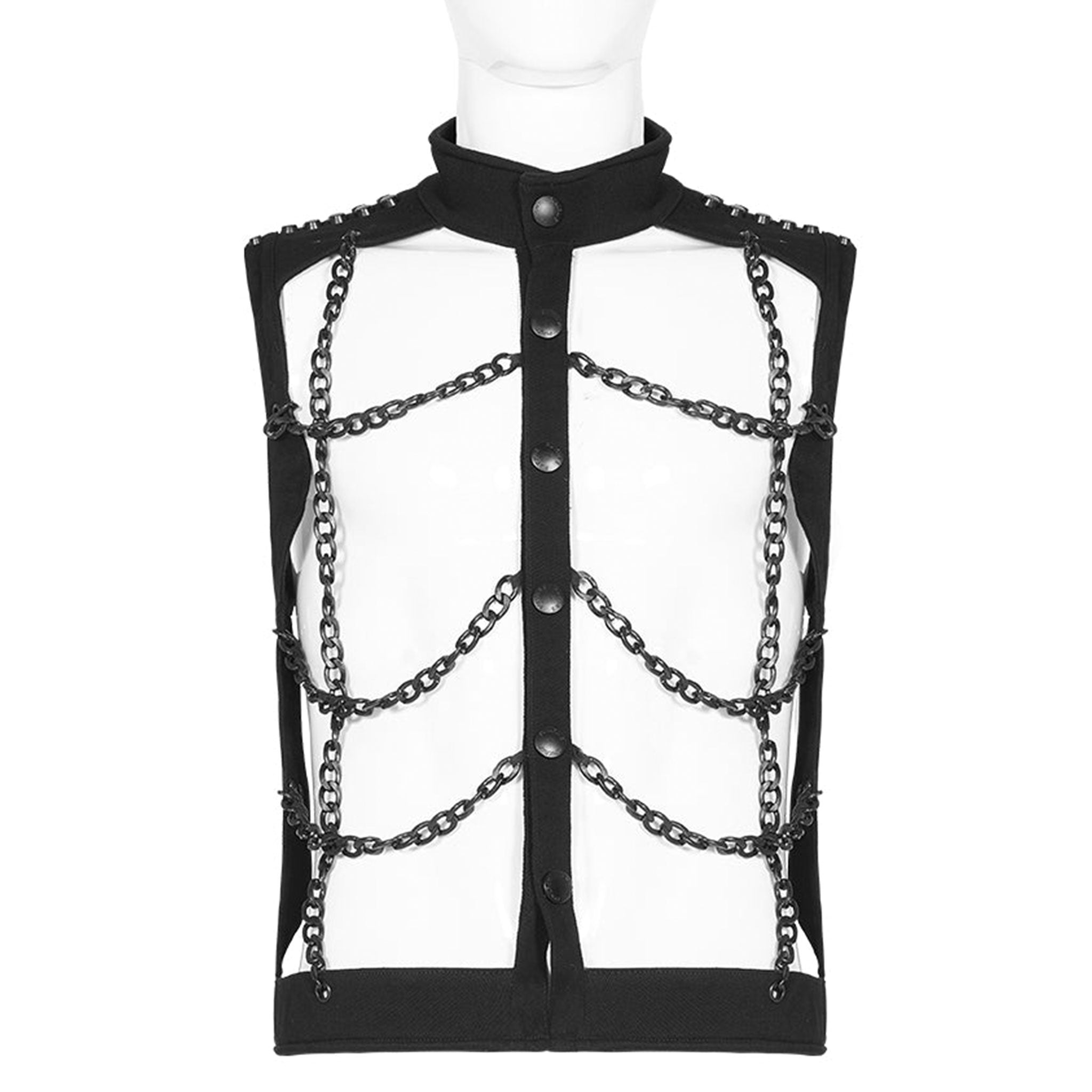 Cotton cotton-twill aluminum-chain apparel tops outerwear vest sleeveless high-collar mandarin-collar studded-shoulders hollowed-out hollow-vest wide-grid hanging-chains button-up button-down front-closure press-stud snap-button stretchy elastic soft rustproof rust-proof matte-glossy fetish fashion alt-fashion punk goth gothic cyberpunk steampunk industrial kink kinky kinkwear costume cosplay halloween halloween-costumes afterdark male masculine masc mens guys dudes black