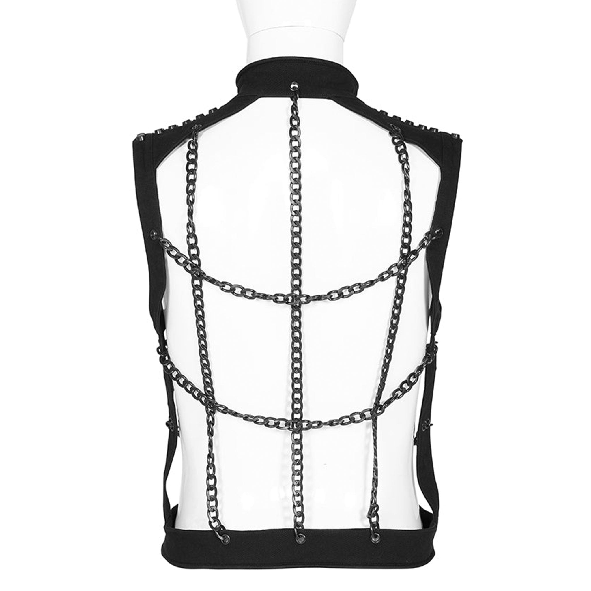 Cotton cotton-twill aluminum-chain apparel tops outerwear vest sleeveless high-collar mandarin-collar studded-shoulders hollowed-out hollow-vest wide-grid hanging-chains button-up button-down front-closure press-stud snap-button stretchy elastic soft rustproof rust-proof matte-glossy fetish fashion alt-fashion punk goth gothic cyberpunk steampunk industrial kink kinky kinkwear costume cosplay halloween halloween-costumes afterdark male masculine masc mens guys dudes black