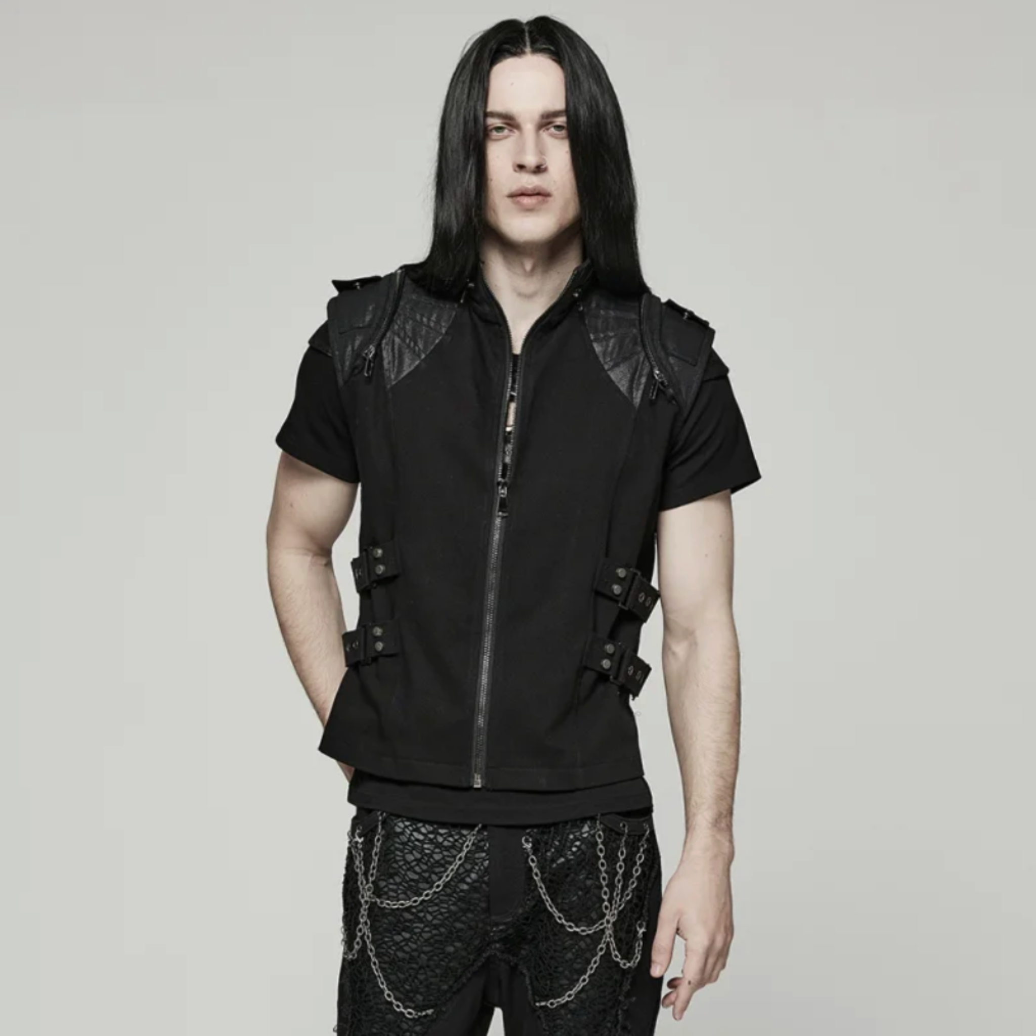 punk gothic vest black pleated shoulders utility pockets side buckles grommets high neck zip-up cotton vest post-apocalyptic punk fashion dark alternative clothing edgy streetwear cosplay goth outfit