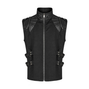 punk gothic vest black pleated shoulders utility pockets side buckles grommets high neck zip-up cotton vest post-apocalyptic punk fashion dark alternative clothing edgy streetwear cosplay goth outfit