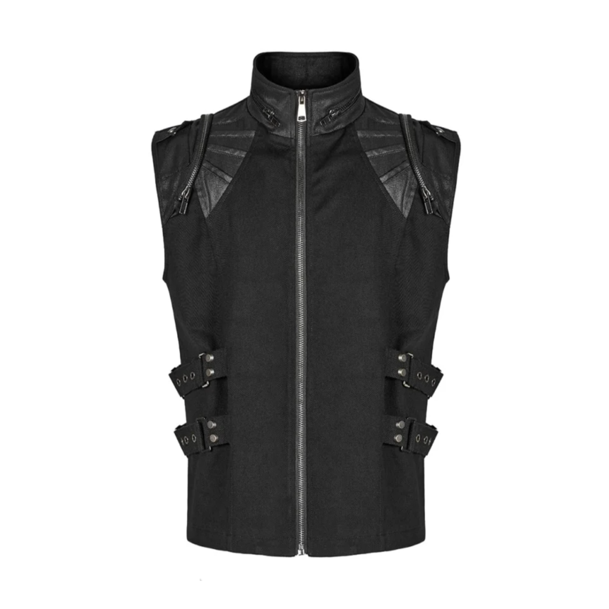 punk gothic vest black pleated shoulders utility pockets side buckles grommets high neck zip-up cotton vest post-apocalyptic punk fashion dark alternative clothing edgy streetwear cosplay goth outfit