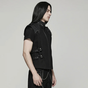 punk gothic vest black pleated shoulders utility pockets side buckles grommets high neck zip-up cotton vest post-apocalyptic punk fashion dark alternative clothing edgy streetwear cosplay goth outfit