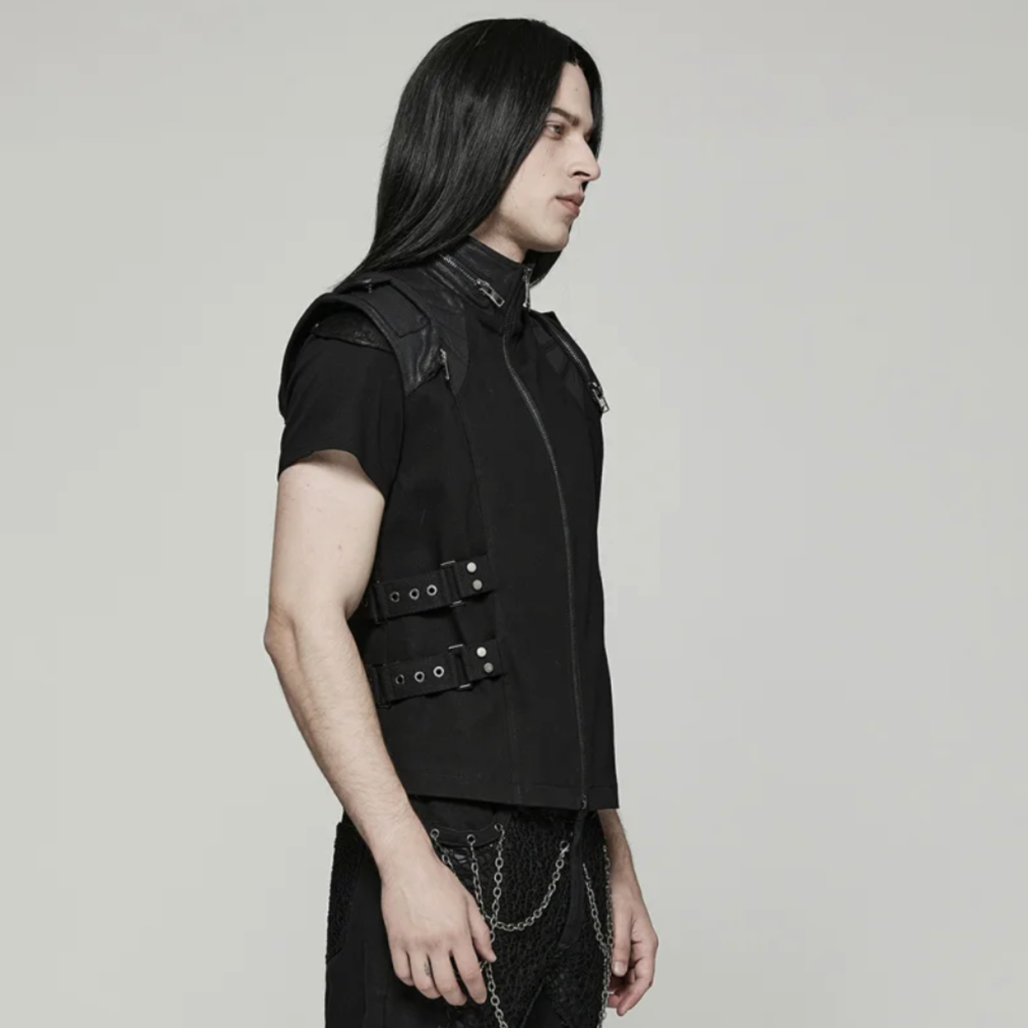 punk gothic vest black pleated shoulders utility pockets side buckles grommets high neck zip-up cotton vest post-apocalyptic punk fashion dark alternative clothing edgy streetwear cosplay goth outfit