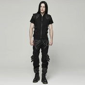 punk gothic vest black pleated shoulders utility pockets side buckles grommets high neck zip-up cotton vest post-apocalyptic punk fashion dark alternative clothing edgy streetwear cosplay goth outfit