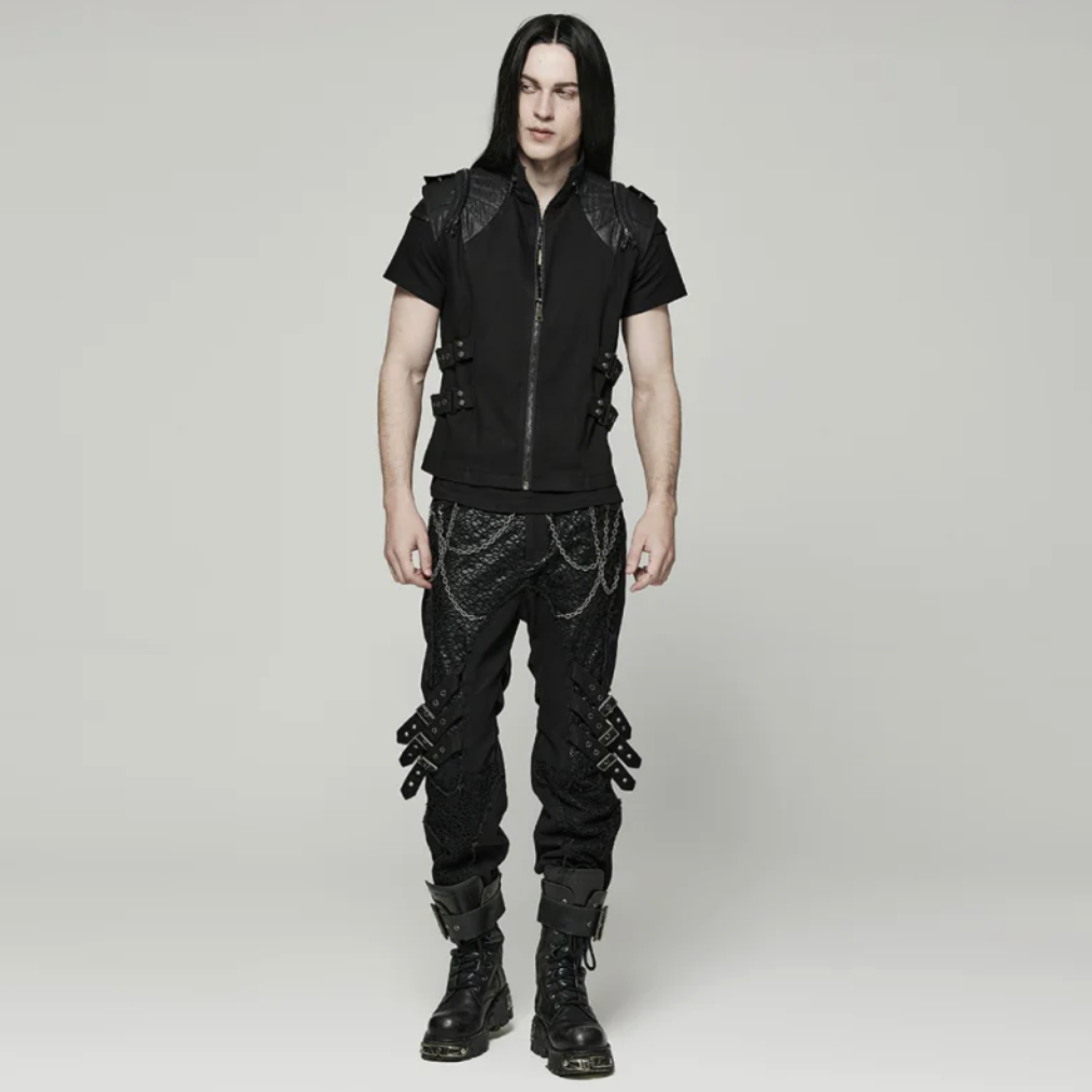 punk gothic vest black pleated shoulders utility pockets side buckles grommets high neck zip-up cotton vest post-apocalyptic punk fashion dark alternative clothing edgy streetwear cosplay goth outfit
