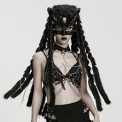 Polyester metallic-alloy plastic latex rubber faux-fur accessories mask eye-mask half-mask pointed-ears spike spikes spiked curved-spikes curved-claw claw-spikes skull-ornament chain wrapped-chains fur-braids braids braided fur-plaits plaits plaited ornamental-chains ornamental-braids decorative hair-whip fetish fashion alt-fashion punk fox fox-headed fuzzy furry animal-play pet-play wild costume cosplay halloween rave ravewear festival festivalwear unisex black
