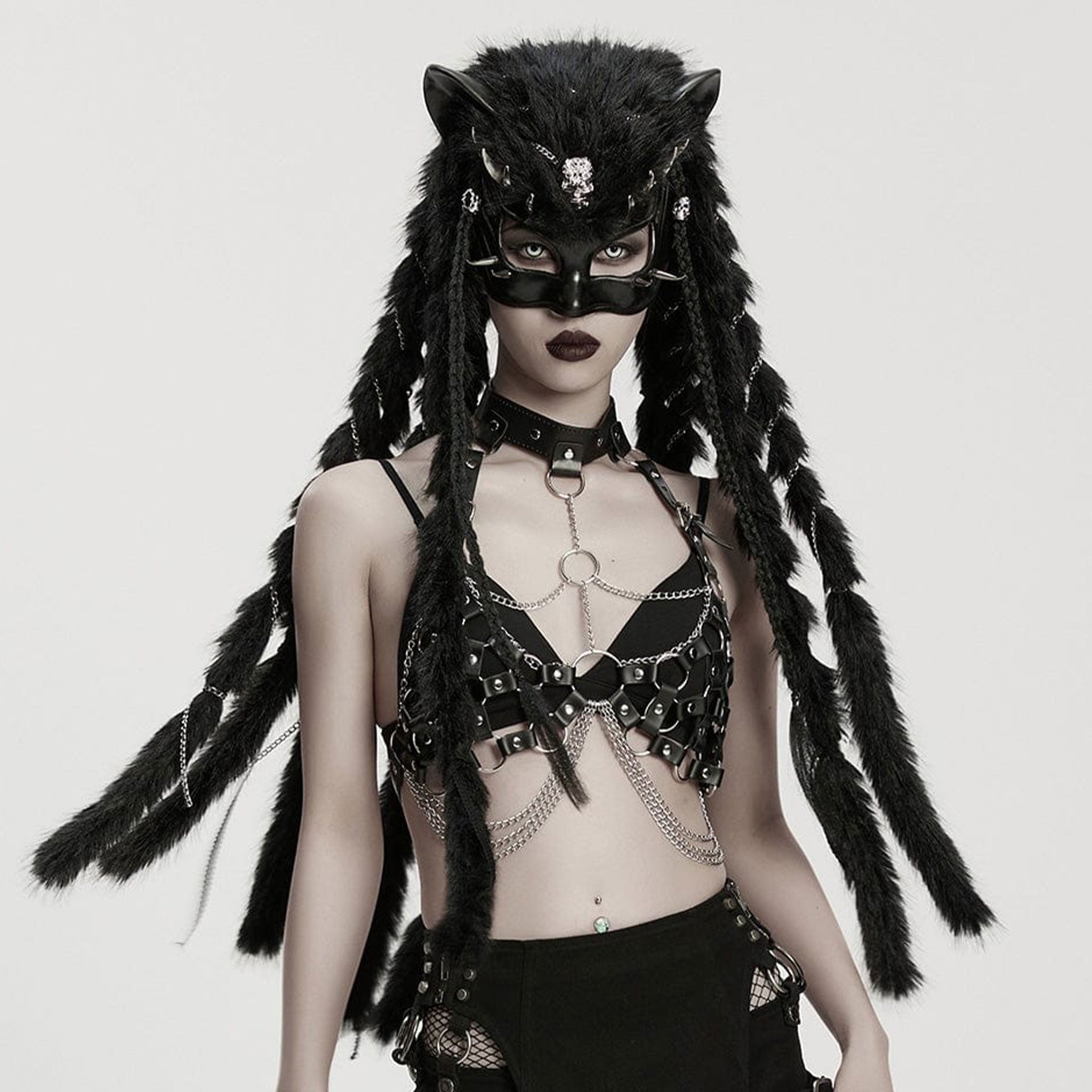 Polyester metallic-alloy plastic latex rubber faux-fur accessories mask eye-mask half-mask pointed-ears spike spikes spiked curved-spikes curved-claw claw-spikes skull-ornament chain wrapped-chains fur-braids braids braided fur-plaits plaits plaited ornamental-chains ornamental-braids decorative hair-whip fetish fashion alt-fashion punk fox fox-headed fuzzy furry animal-play pet-play wild costume cosplay halloween rave ravewear festival festivalwear unisex black