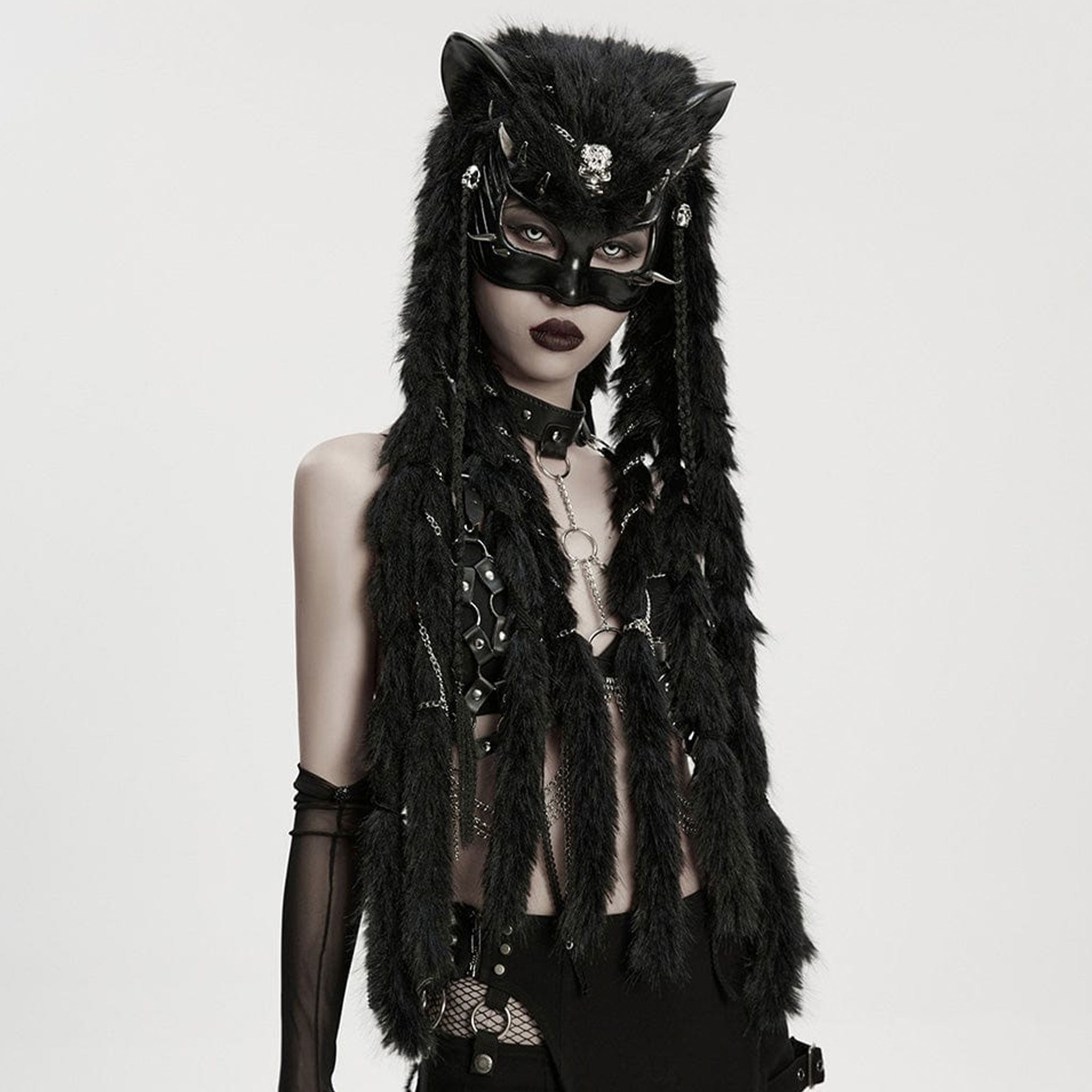 Polyester metallic-alloy plastic latex rubber faux-fur accessories mask eye-mask half-mask pointed-ears spike spikes spiked curved-spikes curved-claw claw-spikes skull-ornament chain wrapped-chains fur-braids braids braided fur-plaits plaits plaited ornamental-chains ornamental-braids decorative hair-whip fetish fashion alt-fashion punk fox fox-headed fuzzy furry animal-play pet-play wild costume cosplay halloween rave ravewear festival festivalwear unisex black