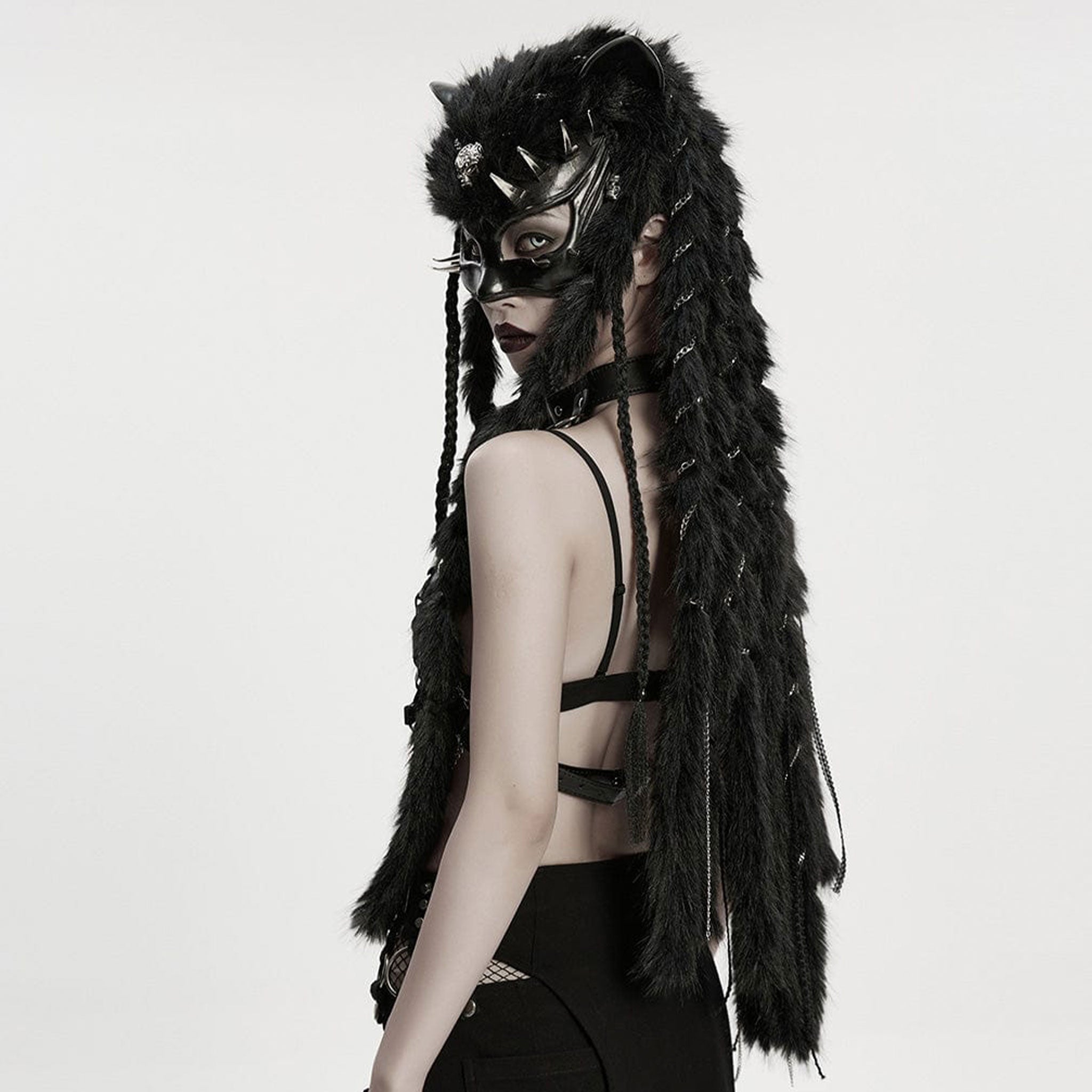Polyester metallic-alloy plastic latex rubber faux-fur accessories mask eye-mask half-mask pointed-ears spike spikes spiked curved-spikes curved-claw claw-spikes skull-ornament chain wrapped-chains fur-braids braids braided fur-plaits plaits plaited ornamental-chains ornamental-braids decorative hair-whip fetish fashion alt-fashion punk fox fox-headed fuzzy furry animal-play pet-play wild costume cosplay halloween rave ravewear festival festivalwear unisex black
