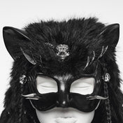 Polyester metallic-alloy plastic latex rubber faux-fur accessories mask eye-mask half-mask pointed-ears spike spikes spiked curved-spikes curved-claw claw-spikes skull-ornament chain wrapped-chains fur-braids braids braided fur-plaits plaits plaited ornamental-chains ornamental-braids decorative hair-whip fetish fashion alt-fashion punk fox fox-headed fuzzy furry animal-play pet-play wild costume cosplay halloween rave ravewear festival festivalwear unisex black