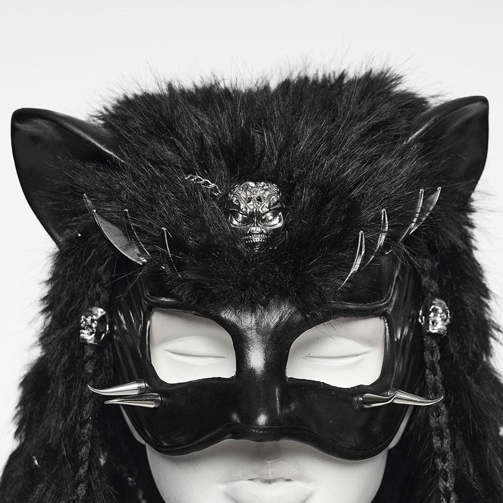 Polyester metallic-alloy plastic latex rubber faux-fur accessories mask eye-mask half-mask pointed-ears spike spikes spiked curved-spikes curved-claw claw-spikes skull-ornament chain wrapped-chains fur-braids braids braided fur-plaits plaits plaited ornamental-chains ornamental-braids decorative hair-whip fetish fashion alt-fashion punk fox fox-headed fuzzy furry animal-play pet-play wild costume cosplay halloween rave ravewear festival festivalwear unisex black
