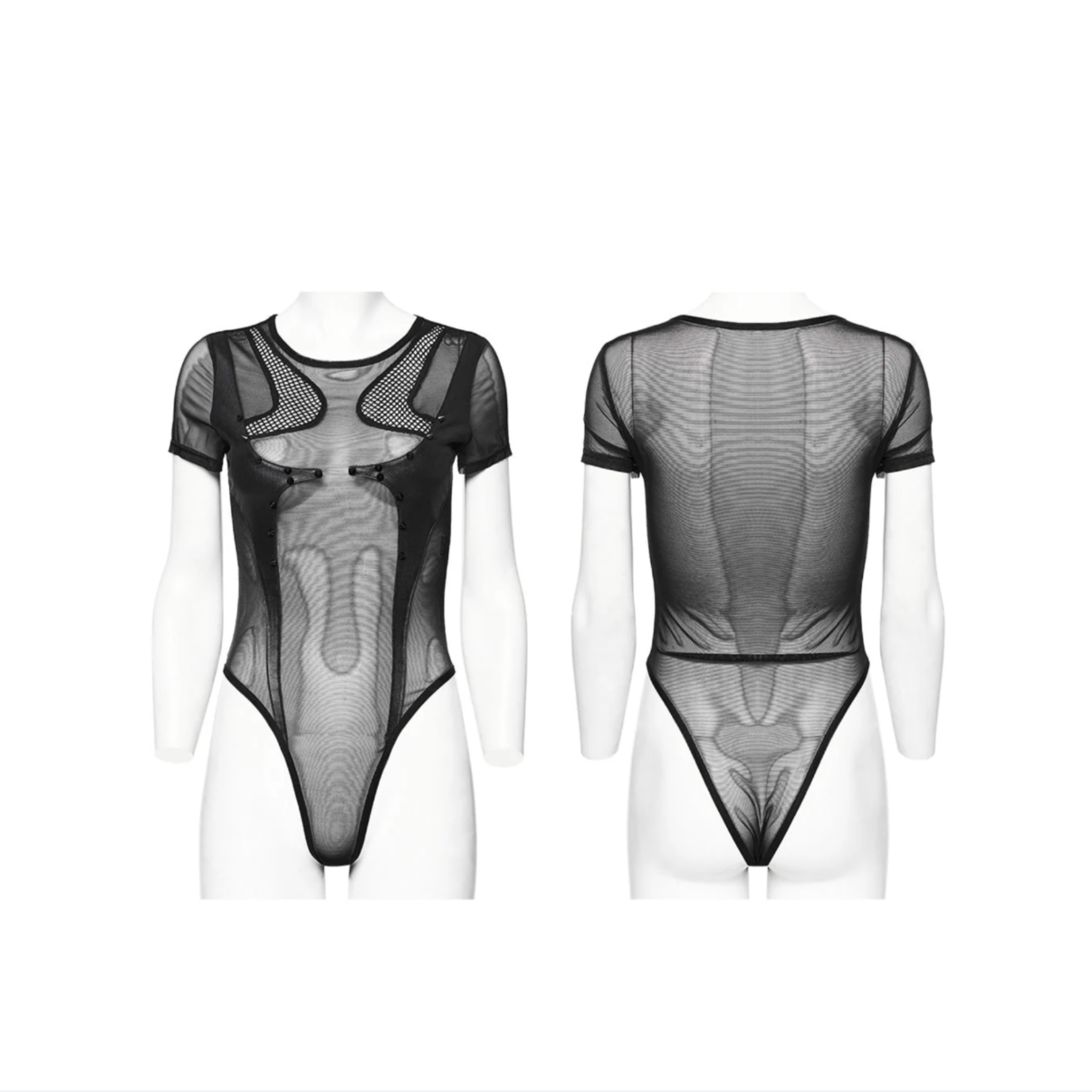 punk mesh bodysuit sheer black bodysuit rivet details fitted gothic outfit alternative fashion edgy clubwear sexy mesh clothing