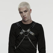 Leather faux-leather O-ring chain hanging-chains Cuban-link detachable-chains accessories tops harness chest-harness offset off-set sliding-straps wide-straps studded stud studs adjustable buckle skull skeleton skeletal skull-decorations fetish fashion alt-fashion punk goth gothic dark versatile costume cosplay halloween male masculine masc guys dudes menswear gay pride unisex black silver