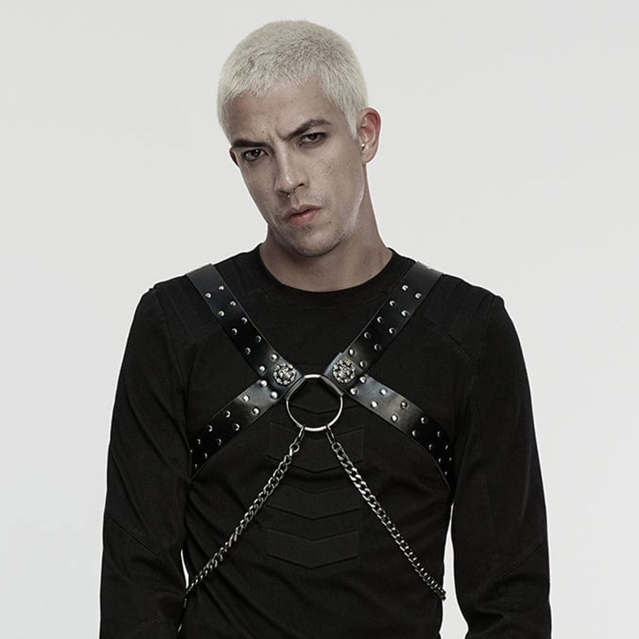 Leather faux-leather O-ring chain hanging-chains Cuban-link detachable-chains accessories tops harness chest-harness offset off-set sliding-straps wide-straps studded stud studs adjustable buckle skull skeleton skeletal skull-decorations fetish fashion alt-fashion punk goth gothic dark versatile costume cosplay halloween male masculine masc guys dudes menswear gay pride unisex black silver