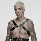 Leather faux-leather O-ring chain hanging-chains Cuban-link detachable-chains accessories tops harness chest-harness offset off-set sliding-straps wide-straps studded stud studs adjustable buckle skull skeleton skeletal skull-decorations fetish fashion alt-fashion punk goth gothic dark versatile costume cosplay halloween male masculine masc guys dudes menswear gay pride unisex black silver