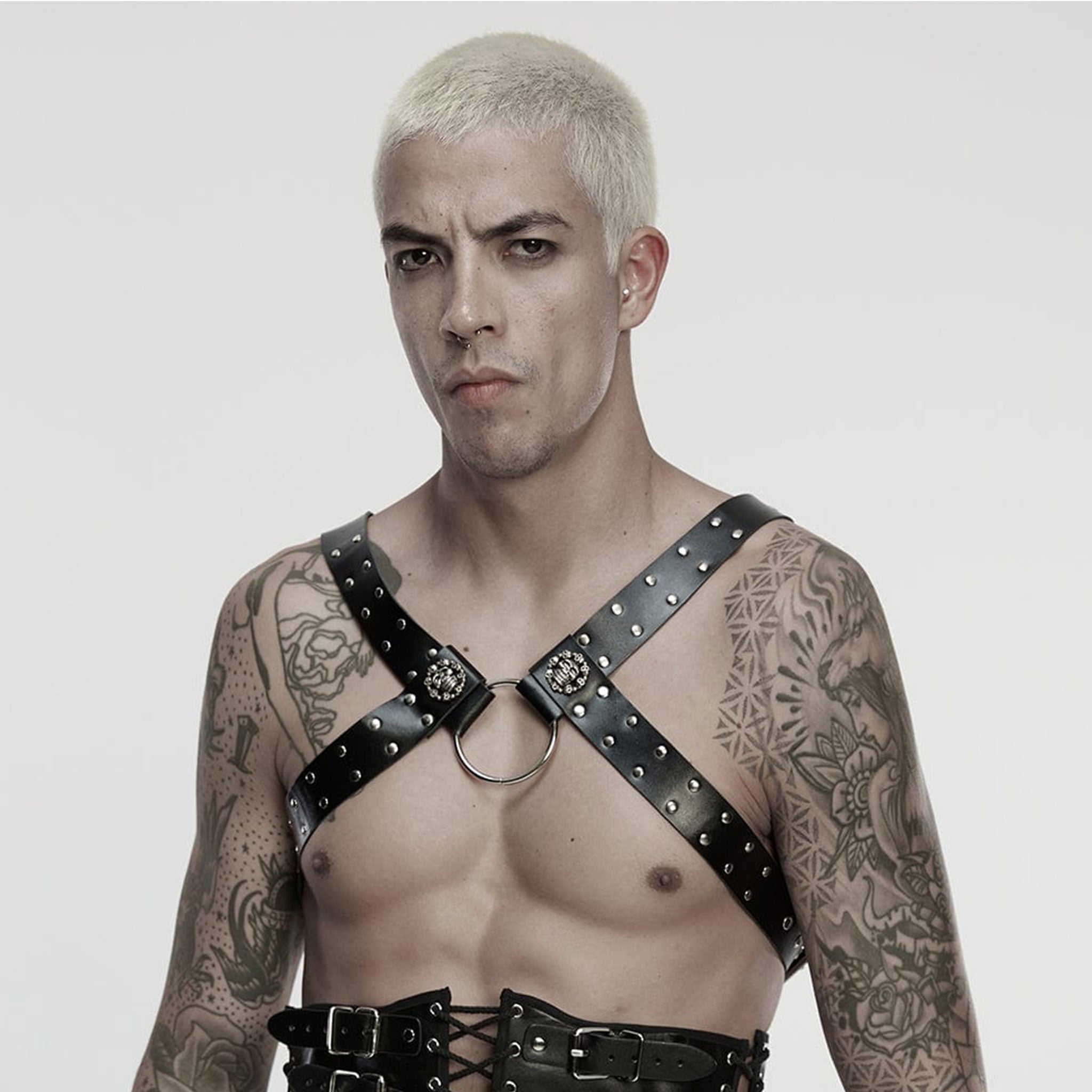 Leather faux-leather O-ring chain hanging-chains Cuban-link detachable-chains accessories tops harness chest-harness offset off-set sliding-straps wide-straps studded stud studs adjustable buckle skull skeleton skeletal skull-decorations fetish fashion alt-fashion punk goth gothic dark versatile costume cosplay halloween male masculine masc guys dudes menswear gay pride unisex black silver