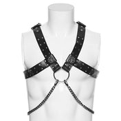 Leather faux-leather O-ring chain hanging-chains Cuban-link detachable-chains accessories tops harness chest-harness offset off-set sliding-straps wide-straps studded stud studs adjustable buckle skull skeleton skeletal skull-decorations fetish fashion alt-fashion punk goth gothic dark versatile costume cosplay halloween male masculine masc guys dudes menswear gay pride unisex black silver
