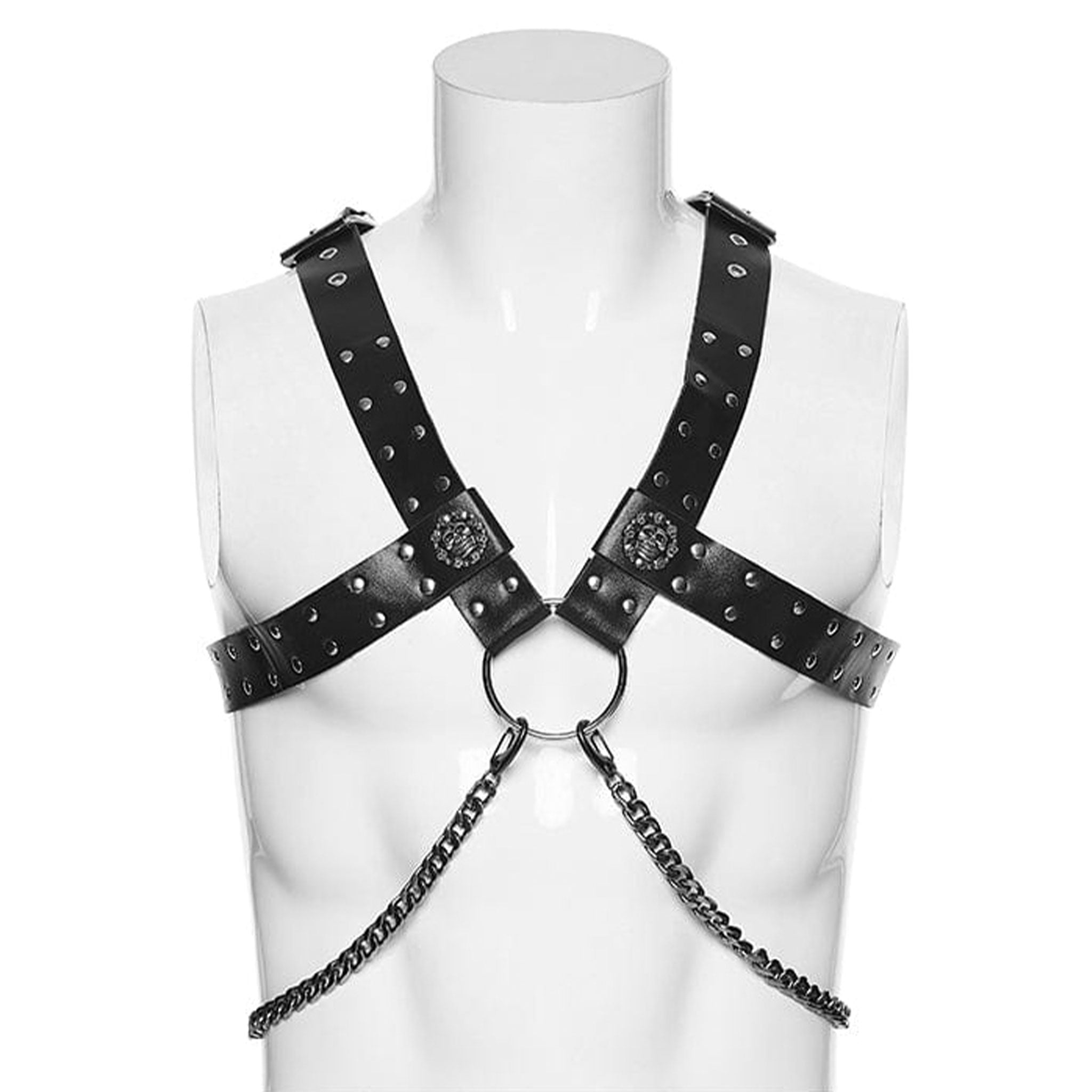 Leather faux-leather O-ring chain hanging-chains Cuban-link detachable-chains accessories tops harness chest-harness offset off-set sliding-straps wide-straps studded stud studs adjustable buckle skull skeleton skeletal skull-decorations fetish fashion alt-fashion punk goth gothic dark versatile costume cosplay halloween male masculine masc guys dudes menswear gay pride unisex black silver
