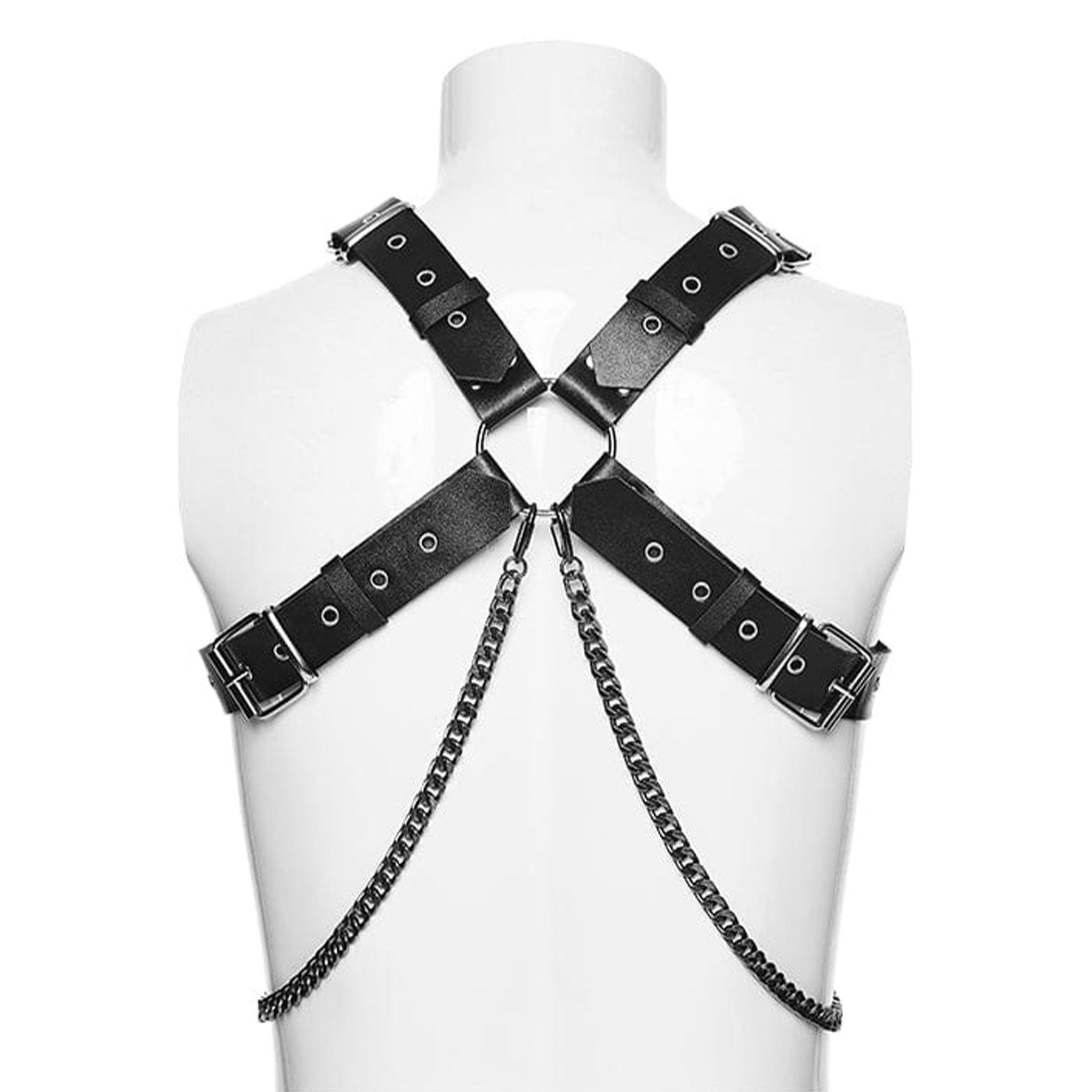 Leather faux-leather O-ring chain hanging-chains Cuban-link detachable-chains accessories tops harness chest-harness offset off-set sliding-straps wide-straps studded stud studs adjustable buckle skull skeleton skeletal skull-decorations fetish fashion alt-fashion punk goth gothic dark versatile costume cosplay halloween male masculine masc guys dudes menswear gay pride unisex black silver