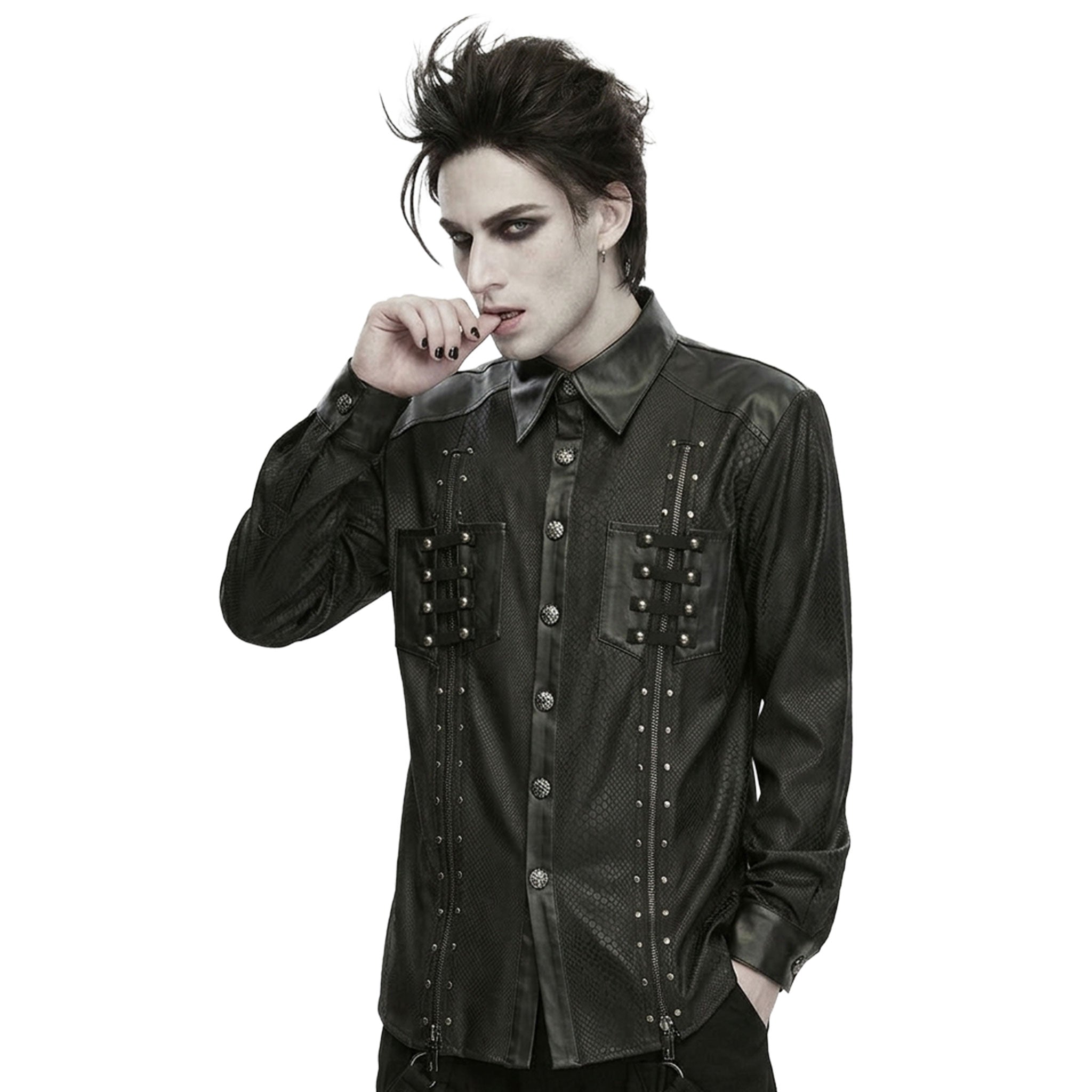Polyester elastane cotton PU cotton-webbing wetlook apparel tops shirt long-sleeve longsleeve sleeves sleeved collar turn-down split-collar button-placket spiderweb-buttons snake-pattern riveted adjustable cuffs cuffed-sleeves button-up slim-fit bold robust daring comfortable durable thin fashion alt-fashion alternative dark punk rock goth gothic pet-play pet-training animal-print snake serpent reptile costume cosplay halloween afterdark-collection male masculine masc mens menswear guys dudes black